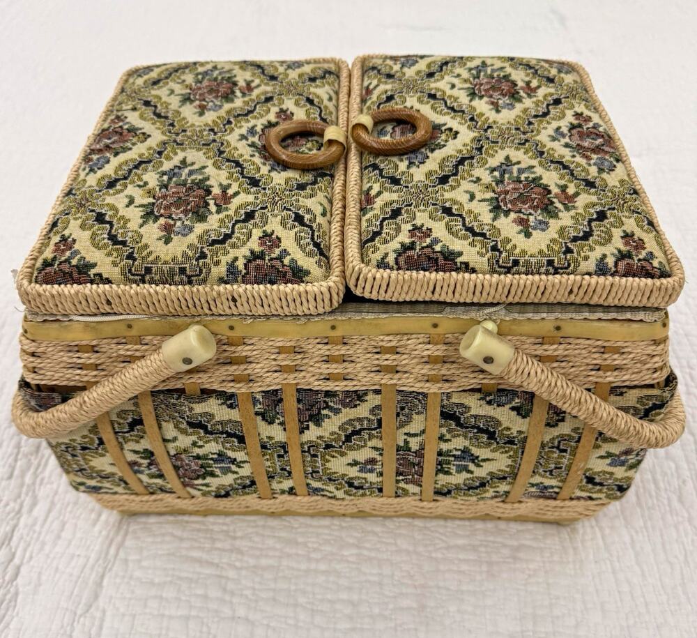 Vintage Folding Sewing Basket Beige Floral Tapestry Fabric with items